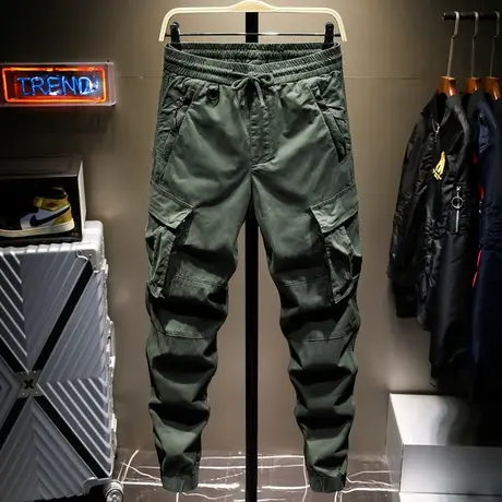 军绿色工装裤男士潮牌束脚裤宽松休闲裤子男2021春夏款潮流哈伦裤商品大图