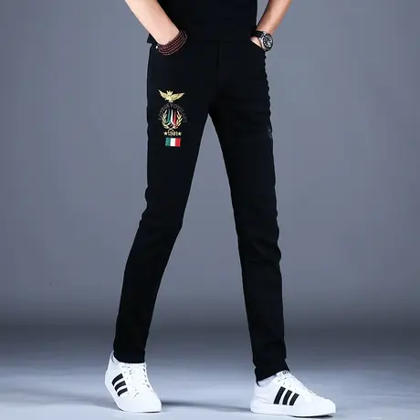 纯黑色刺绣高端牛仔裤潮男修身小脚休闲裤子2023新款秋款韩版男款图片