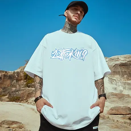 oversize潮牌胖子简约字母宽松短袖T恤男潮加肥加大码肥佬五分袖商品大图