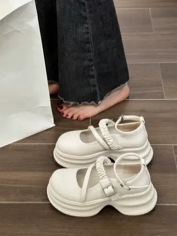厚底浅口一字玛丽珍单鞋女2023年夏季新款松紧皮带扣小皮鞋大头鞋商品大图