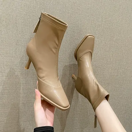 方头高跟短靴女细跟2022秋冬新款性感短筒瘦瘦靴时尚后拉链马丁靴商品大图