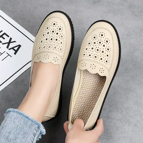 妈妈单鞋夏季透气镂空老北京皮鞋软底舒适老年人皮凉鞋真皮奶妈鞋商品大图