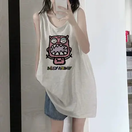 美式复古纯棉吊带运动坎肩背心无袖t恤女夏季外穿宽松篮球服上衣图片