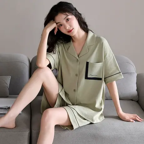 婷美纯色睡衣女士夏季纯棉薄款短袖短裤开衫翻领夏款家居服两件套商品大图