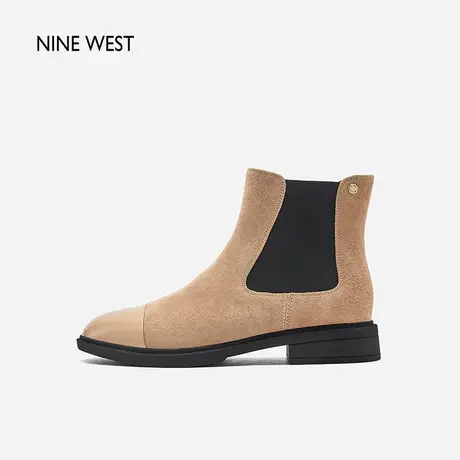 Nine West/玖熙真皮拼接复古时尚烟筒靴2023冬季新款羊反绒靴子图片