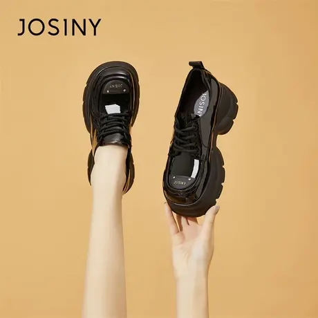 Josiny/卓诗尼黑色厚底松糕小皮鞋女2024新款春季乐福鞋百搭女鞋商品大图