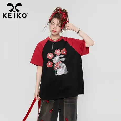 环保染纯棉圆领短袖t恤女2023夏季高级感烫钻图案插肩袖宽松上衣商品大图