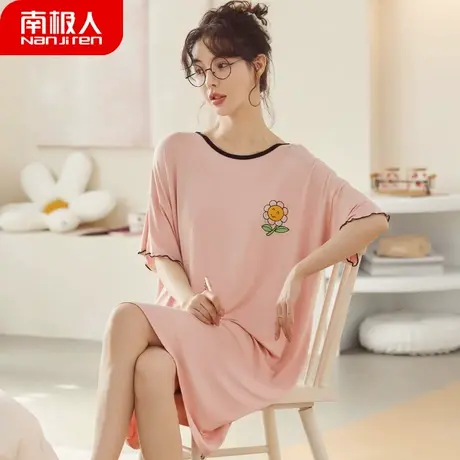 睡裙女夏季莫代尔短袖薄款性感夏天女士孕妇大码花朵睡衣女款夏款商品大图