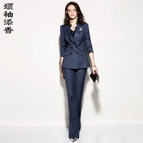 颈袖添香2023羊毛西装女职业双排扣修身小西服女两件套深蓝色商品大图