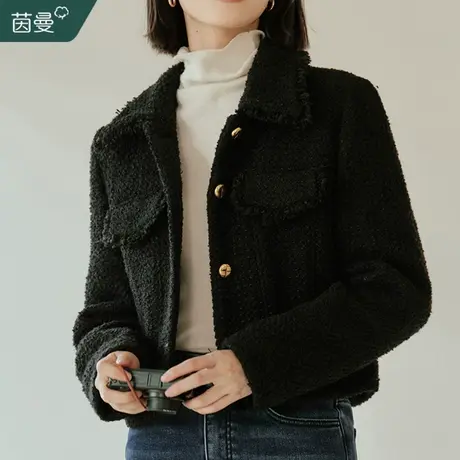 茵曼小香风绵羊毛呢外套女2023年冬季新款小个子毛呢大衣短款上衣图片