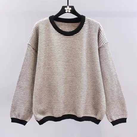 日系撞色条纹毛衣女2023秋冬新款宽松慵懒风时尚洋气百搭针织上衣商品大图