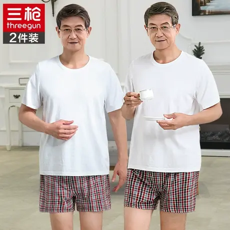 三枪纯棉老头衫中老年爸爸短袖T恤白色上衣老人宽松夏季薄款汗衫图片