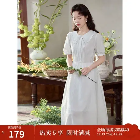 茵曼气质文艺连衣裙2023夏女装新款纯棉娃娃领白色仙女泡泡袖长裙商品大图