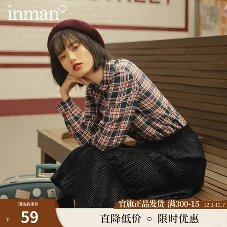 茵曼秋装文艺经典格子衬衫翻领棉质上衣女设计感小众长袖商品大图