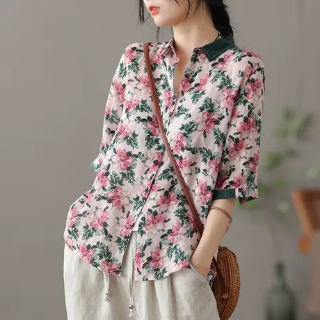 dza 文艺复古短袖亚麻上衣女士薄款衬衫夏季气质新款漂亮棉麻衬衣图片