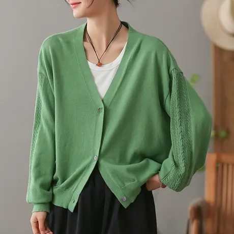 dza文艺复古V领针织开衫女士2023夏季薄款短外套宽松显瘦外穿上衣商品大图