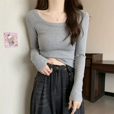 早秋u领长袖t恤女紧身上衣2023年秋冬新款短款纯色内搭弹力打底衫图片