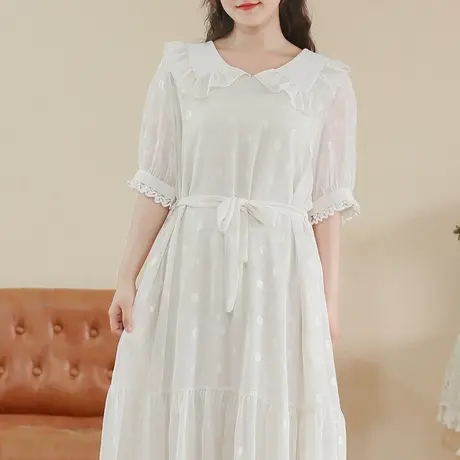 胖妹妹夏季2023新品雪纺印花连衣裙 大码复古娃娃领短袖连衣裙商品大图