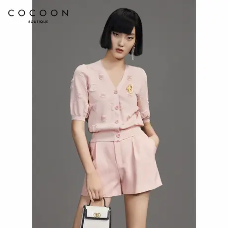 可可尼COCOON商场同款气质开衫2024秋冬新款立体烫五分袖粉色针织图片
