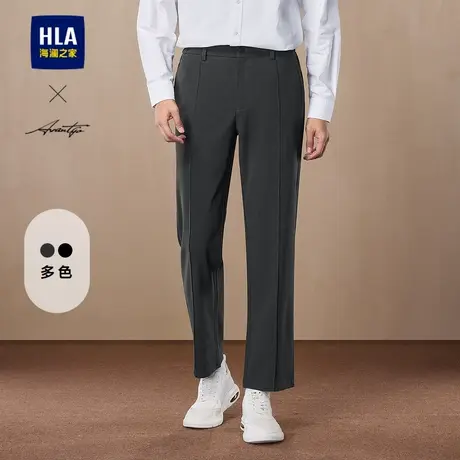 HLA/海澜之家轻商务微弹黑色休闲裤24秋季新松紧腰单褶直筒裤子男图片