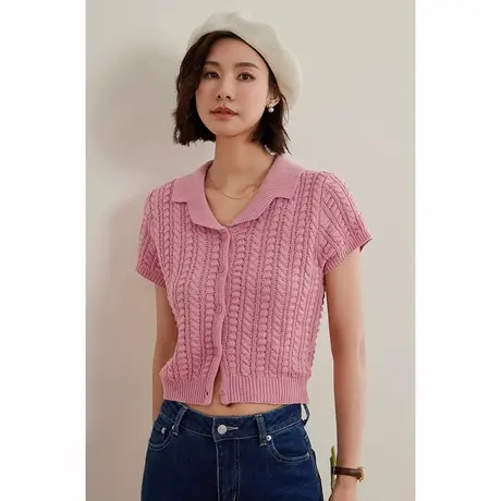 弥古粉色翻领针织短袖女修身短款镂空毛衫高级感2025春款女装上衣商品大图
