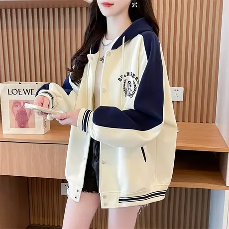 早秋棒球服外套女春秋季韩版宽松大码百搭拼色初中生薄款开衫卫衣商品大图