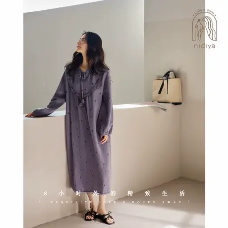 妮狄娅睡衣睡裙女春季纯棉纱布长袖紫色甜美公主中长裙春秋家居服商品大图