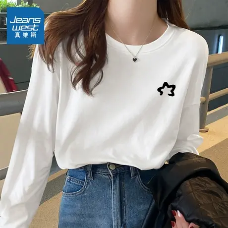 KMV真维斯纯棉正肩白色长袖t恤上衣女士2025新款春季圆领宽松女装商品大图