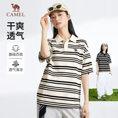 骆驼女装条纹短袖POLO衫2025春夏新款基础款透气休闲百搭情侣上衣商品大图