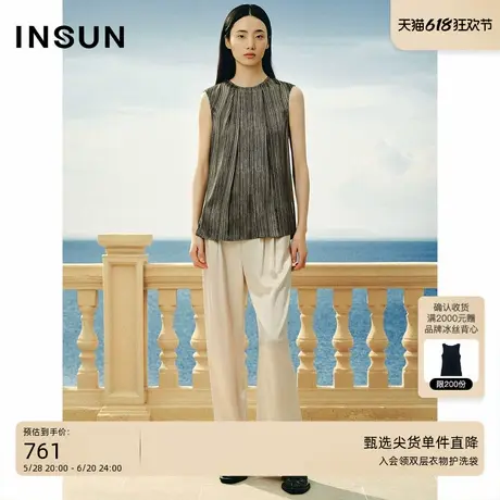 INSUN恩裳夏款条纹捏褶无袖真丝上衣图片