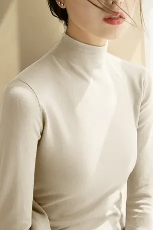 双面德绒半高领打底衫女秋冬内搭米色洋气韩版加绒磨毛长袖T恤ins商品大图
