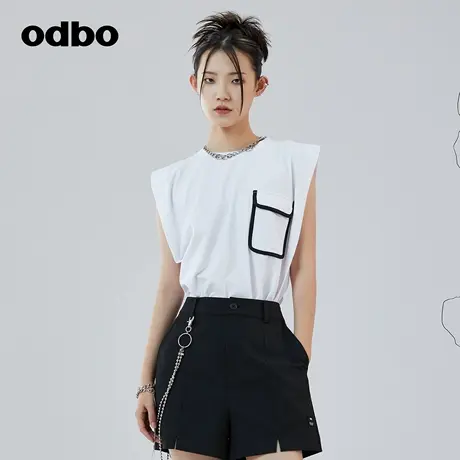 odbo/欧迪比欧原创设计牛角袖白色t恤女夏季新款百搭舒适上衣商品大图