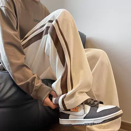 灯芯绒裤子男春秋季潮牌咖色运动卫裤男款宽松直筒裤阔腿休闲长裤商品大图