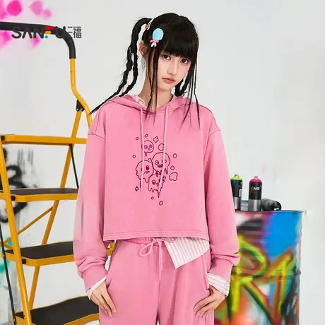 三福卫衣2025秋季搞怪图案恐龙角连帽短款宽松上衣女装508126商品大图