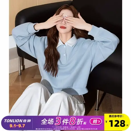 唐狮2025春季新款小众设计感女polo衫宽松百搭上衣流行蓝色短款图片