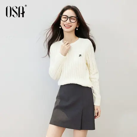 OSA欧莎绞花刺绣羊毛衣圆领针织衫毛衫复古上衣女2025秋冬季商品大图
