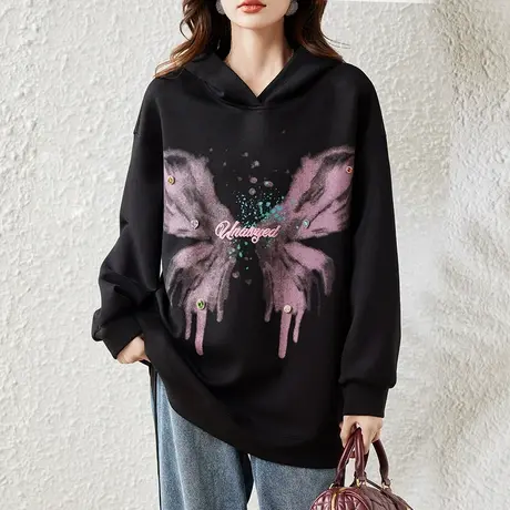 连帽卫衣女春秋季新款宽松加肥加大码女装中长款洋气遮肚显瘦上衣商品大图