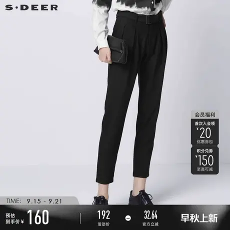 sdeer圣迪奥女装秋装休闲系带压褶通勤黑色长裤女S21360812商品大图