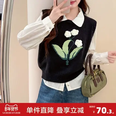 唐狮秋冬立体花朵设计圆领套头马甲女春秋外穿高级感百搭上衣图片