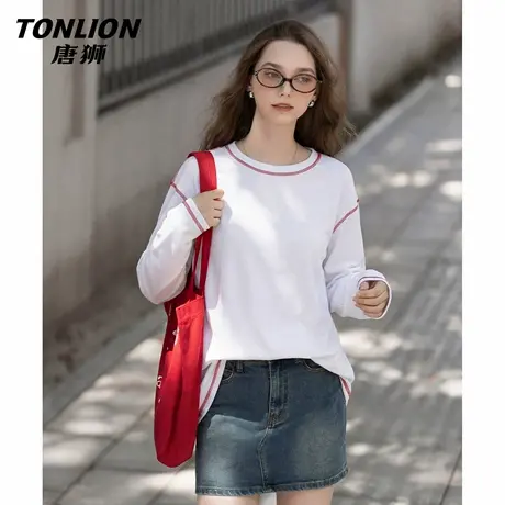 唐狮官方休闲长袖t恤女2026春秋新款女士宽松显瘦撞色内搭上衣VB图片