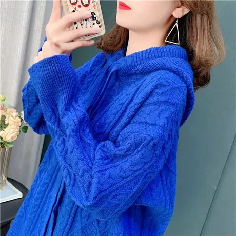 克莱因蓝连帽麻花毛衣女秋冬2021年新款宽松中长款加厚百搭针织衫商品大图