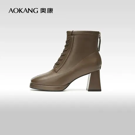 【门店发货】奥康女鞋 2023冬季新款高跟短靴粗跟配裙子瘦瘦靴商品大图
