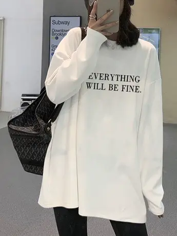 白色中长款长袖t恤女2023新款秋冬季加绒内搭打底衫今年流行上衣图片