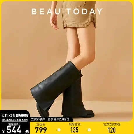 BeauToday黑色不过膝长筒靴女2023新款粗腿BT英伦风小皮靴女秋冬图片