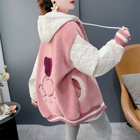 羊羔毛刺绣小熊连帽卫衣外套女冬季2023年新款宽松加厚高级感上衣商品大图