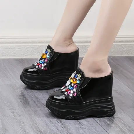 真皮坡跟凉拖鞋女外穿2023年夏季厚底内增高14cm懒人松糕包头拖鞋商品大图