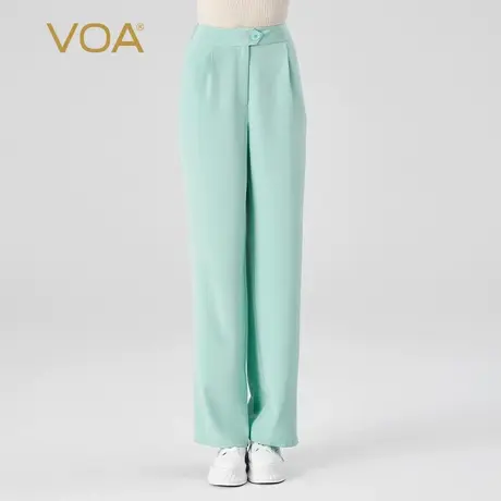 VOA36姆米弹力重绉桑蚕丝翠绿色自然腰纽扣口袋百搭OL风直筒裤女商品大图
