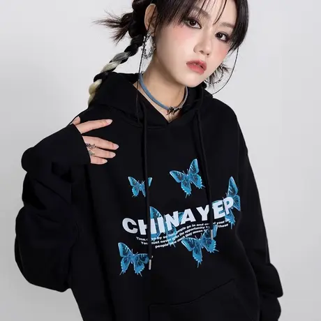 yep美式复古蝴蝶黑色连帽卫衣女加绒秋冬设计感oversize外套上衣商品大图