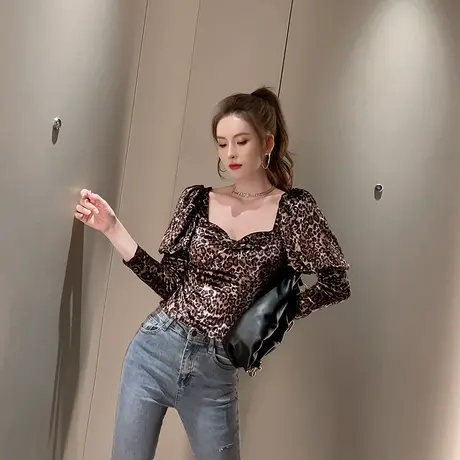 豹纹打底衫女法式内搭长袖修身显瘦上衣洋气方领设计感小衫t恤潮商品大图