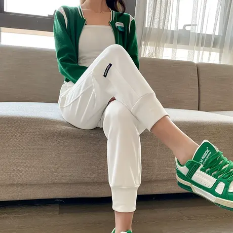 白色运动裤女春秋宽松束脚2024新款百搭裤子显瘦高腰小脚九分卫裤图片
